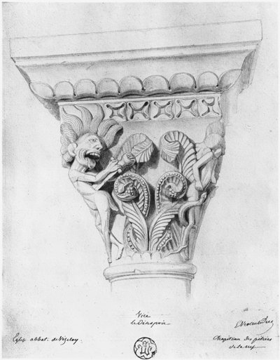 Capitel que ilustra el vicio de la desesperación, Iglesia Abacial de La Madeleine, Vezelay, Francia de Eugene Emmanuel Viollet le Duc